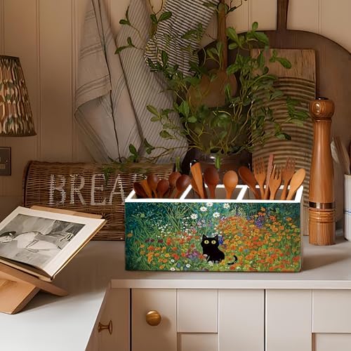 Black Cat Pen Pencil Holder for Desk, Black Cat Mom Lady Lovers Gifts for Women, Pet Lover Gifts, Cottagecore Wildflower Kitten Wooden Box Sign Decorations for Home Office Desk Tabletop - Image 6
