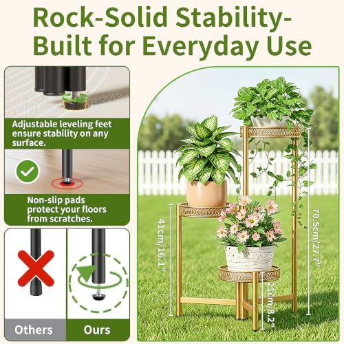 3 Tiered Gold Plant Stand Indoor Outdoor, Corner Tall Plant Shelf for Multiple Plants, Foldable Heavy Duty Plant Holder, Decoration Flower Pot Stand for Patio Balcony - GoldFlower - Image 3