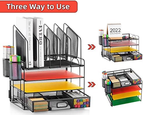 Marbrasse Desk Organizer with Drawer, 4-Tier Mesh File Organizer with 5 Vertical File Holders and 2 Pen Holders, Multifunction Desktop Organizer,Desk Organizers and Accessories for Home Office - Image 4