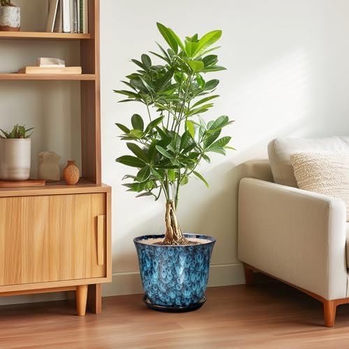 10 Inch Plant Pot - Ceramic Planter with Drainage Hole and Saucer, Round Flower Pots for Indoor Outdoor, Modern Decorative Planter for Plants, Home Office Decor, Plant Lover Gifts, Blue - Image 4