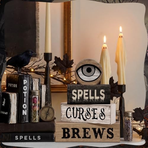 Moucuny 4 Pcs Halloween Table Decor Witchy Wooden Stacked Block Decor - Image 3