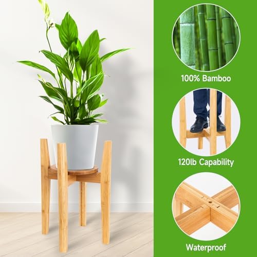 Adjustable Plant Stand with Tray,Indoor Wood Plant Stand Fit 8'' to 12'' Planter,Mid Century Modern Flower Pot Holder Rack(Plant and Pot Not Included) - Image 5