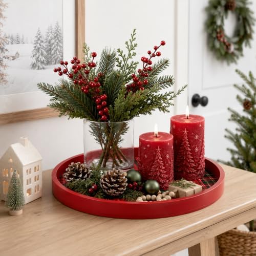 Novabright 11.8" Round Red Christmas Tartan Plaid Wooden Serving Tray - Image 5