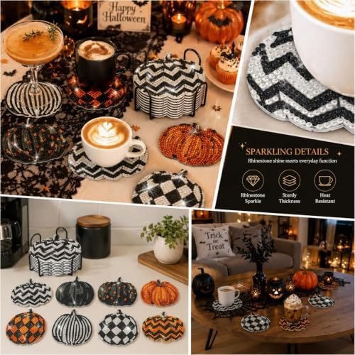 8 Pack Halloween Pumpkin Diamond Painting Coasters with Holder DIY Kit - Image 4