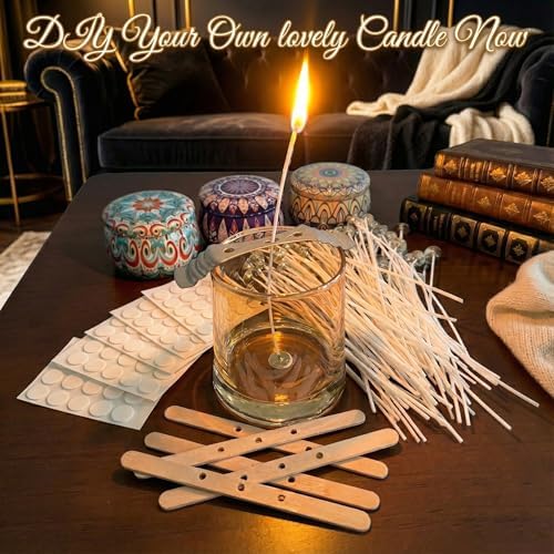 Candle Making Kit – 100 Pre-Waxed Wicks (6 Inch/15cm), 100 Wick Stickers, 5 Wooden & 1 Metal Cantering Device Holder – Low Smoke Cotton Core for Soy & Beeswax DIY Candle Crafting - Image 6