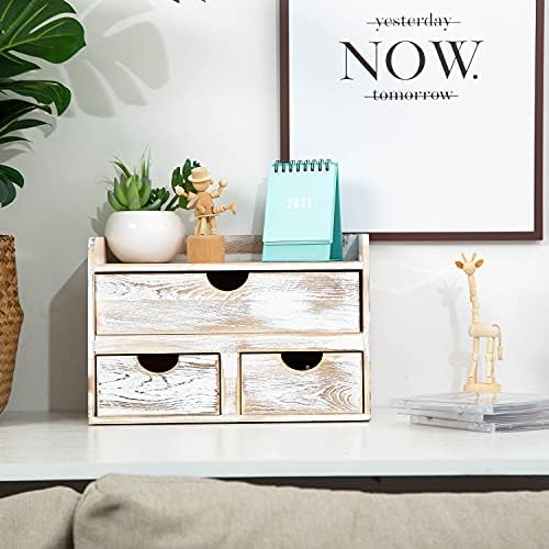 Rustic Distressed white 3-Tier Wood Desk Organizer with 3 Drawers Mini Storage Shelf For Desk, Toiletries Vanity Office Supplies (Vintage white) - Image 2
