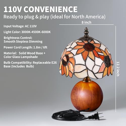 12.2" Retro Sunflower Tiffany Small Table Lamp with Wood Base - Image 7