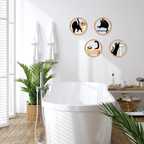HPNIUB Funny Bathrooms Wall Decor, Black Cats In the Bath Wood Sign, 4 Pieces 10''x10'' Farmhouse Wooden Hanging Sign for Toilet Powder Room Restroom Wall Decoration, Lovely Cat Gifts - Image 5