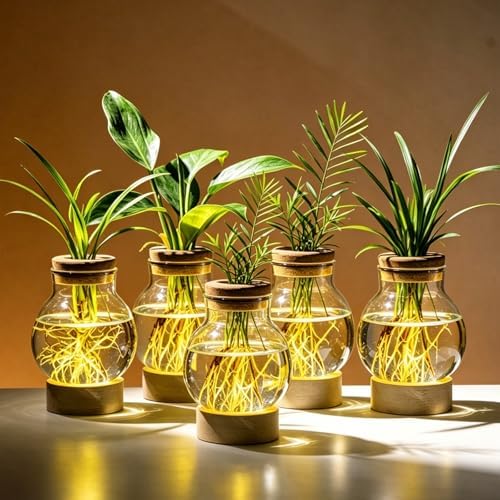 Propagation Stations, Plant Propagation Station with Light Base, Glass Propagation Vases, Hydroponic Vase for Plants, Glass Terrarium for Home Office Windowsill Tabletop Decoration (5) by JGKYLDZ