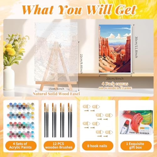 4 Pack Paint by Numbers Kit for Adults with Frame, National Parks Landscape DIY Painting Kit for Beginners, Mountain & Canyon Scenic Canvas Paint by Number Set for Nature Wall Decor, 8x12 Inch - Image 3
