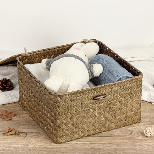 Hipiwe Seagrass Wicker Storage Basket Bin Boxes with Lid, Coffee, X-Large - Image 4