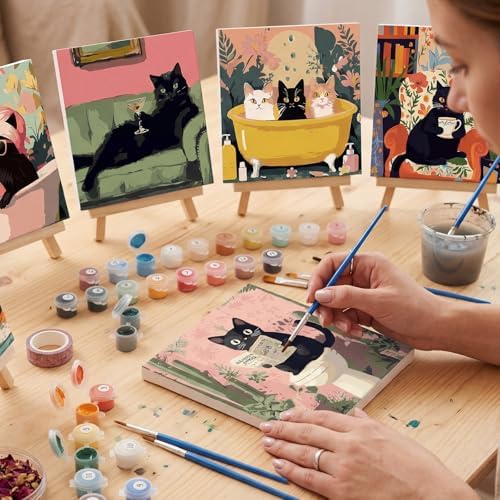 YooNotee 6 Pack Black Cat Paint by Numbers Kit on Canvas with Wooden Easels & Brushes, 8x8 Inch Black Cat Adult Paint by Number Kits on Canvas Framed, DIY Number Paintings for Adults for Wall - Image 5