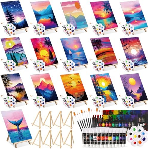 Cholemy 99 Pcs 16 Set Sip and Paint Kit for Adults 8"x 10" Pre Drawn Canvas Painting with Wooden Easel Pre Printed Canvas Painting Favor for DIY Birthday Gifts Adult's Date Party(Landscape) by Cholemy