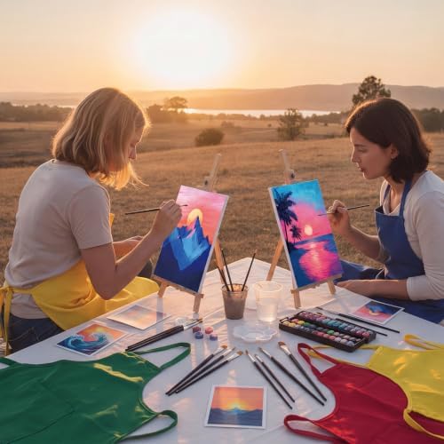 Cholemy 6 Set Paint and Sip Kit for Adults 8"x 10" Pre Drawn Canvas Painting with Wooden Easel Acrylic Paint Wash Cup Brushes Palette Apron for Painting DIY Adult's Date Party Supplies(Sunset Glow) - Image 6