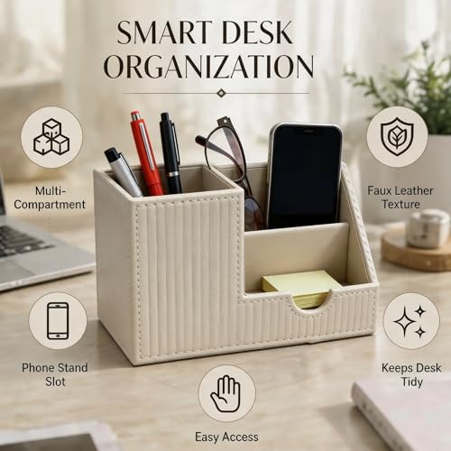 Desk Organizer Pen Holder, Aesthetic Striped White Small Organizer, Multi Slot Pencil Holder For Desk Office Desktop Stationery & Remote control Storage - Image 4
