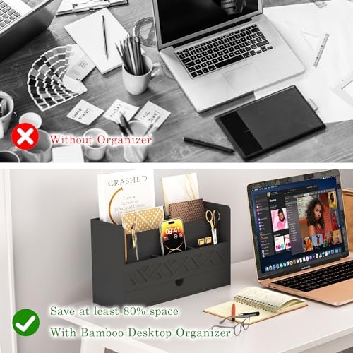 Wisuce Bamboo Mail Organizer with Drawer, Countertop Desk Organizer(Black) - Image 5