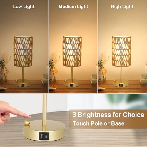 Gold Table Lamp for Bedroom with Bulb, Small Touch Control Table Lamp for Living Room with Rattan & Linen Shade, 3 Way Dimmable Bedside Lamp for Nightstand with USB Charging Port & Phone Stand - Image 4