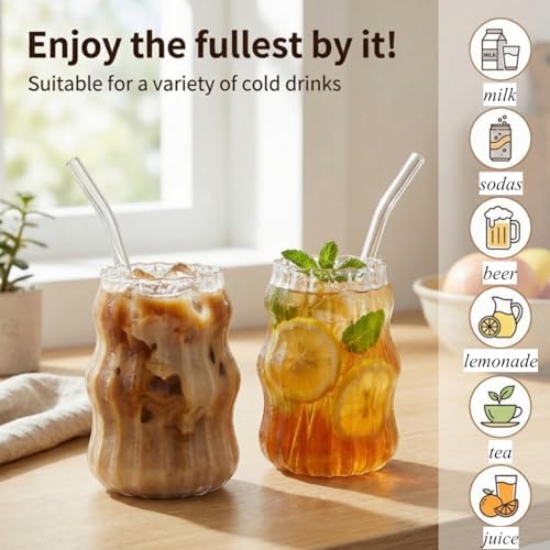 Tebery 4 Pack Cute Drinking Glasses, 16 Oz Ribbed Iced Coffee Cup Tumbler with Straws, Aesthetic Vintage Water Glassware Mug for Cocktail Smoothie Juice Beverage Milk Tea - Image 6