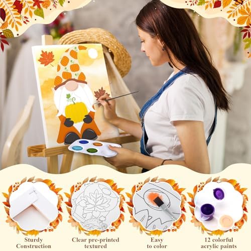 Humyoun 8 Sets 8" x 10" Fall Gnome Pre Drawn Canvas to Paint for Sip and Paint Party Thanksgiving Predrawn Coloring Set Pre Sketched Canvas Boards with Paints and Brushes for Adult - Image 3