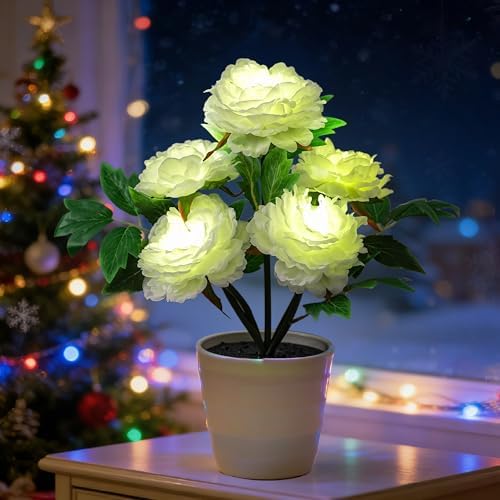 White Peony Artificial Flower Lamp, Night Light for Bedroom Wedding Bar Coffee Shop Decor, Christmas Valentines Mothers Day Anniversary Birthday Gifts for Women Mom Grandma Wife Friend by Hibeauti