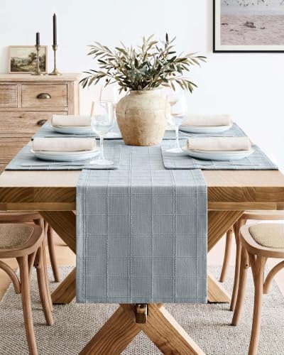 ZeeMart Linen Checked Farmhouse Table Runner, 13x36 Inches Chambray - Image 2
