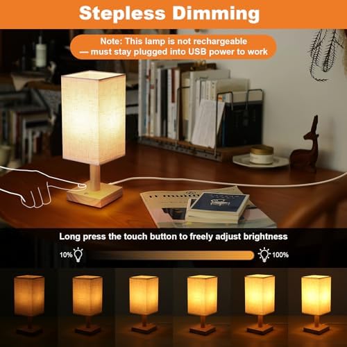 UCHENTON Small Corded Touch Square Table Lamp with Stepless Dimming, Natural Wood Base & Linen Fabric Shade, 5W Ambient Night Light for Bedroom, Bedside, Nightstand, Living Room, Nursery - Image 2