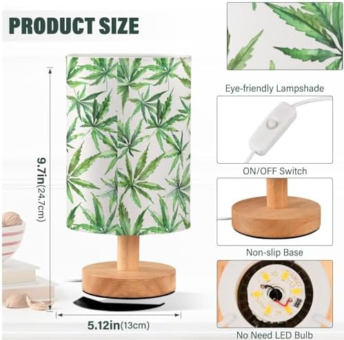 Watercolor Green Marijuana Leaves Bedside Table Lamps with USB Port for Bedroom Lamp Accent Table Lamp Small Nightstand Lamp Sturdy Linen Shade Wooden Base Decorative Lamps for Kids|Reading|Dorm|Home - Image 4