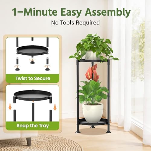 LASZOLA Plant Stand Indoor Tall Corner with Large Metal Tray, 2 Tier Black - Image 3