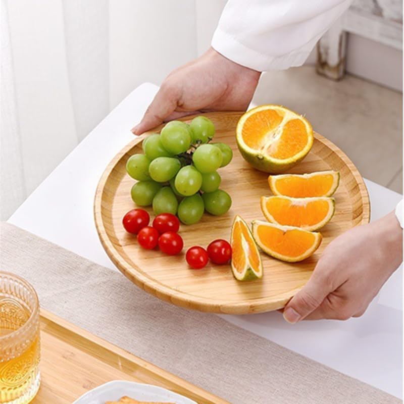 Round Bamboo Tray, Wood Serving Tray, Wooden Platter, Wood Charcuterie Board, Decorative Tray for Coffee Table, 9.8 inch - Image 6