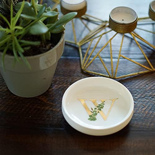 Cedar and Ink Ring Dish with Personalized W in Gold Foil & Greenery, Monogrammed Jewelry Dish, Accessories & Wedding Ring Holder, Dressing Table Tray (W) - Image 4