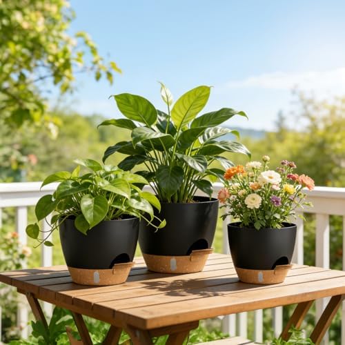 Plant Pots, 4 Pack 12/10/9/8 Inch Self Watering Pots with Drainage Holes, Water Level Indicator Deep Reservoir, Large Planters for Indoor Outdoor Plants - Black Brown - Image 6