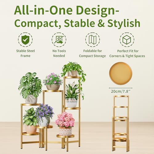 Stand Plants Gold, 7 Tiered Corner Plant Stand Indoor Outdoor, Tall Folding Rack with Rust Proof 7.9 Inch Wide Tray, Heavy Duty Flower Shelf for Multiple Plants for Patio - GoldDisk - Image 5