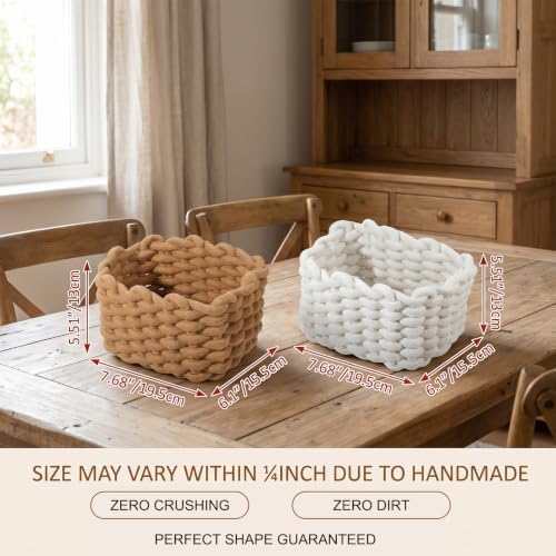 2 Pack Woven Storage Basket Set – Small Square Basket for Shelves, Desk, Vanity, Bedroom – White & Khaki Cotton Rope Bins, 7.7 x 6.1 x 5.5 Inches - Image 5