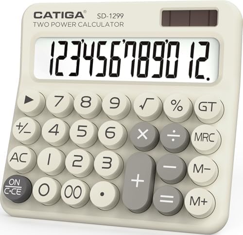 CATIGA Mechanical Switch Calculator with Solar and Battery Dual Power, 12-Digit Large LCD Display, Aesthetic and Cute Desktop Calculator with Big Button, for Home, School and Office Use, SD-1299 by CATIGA