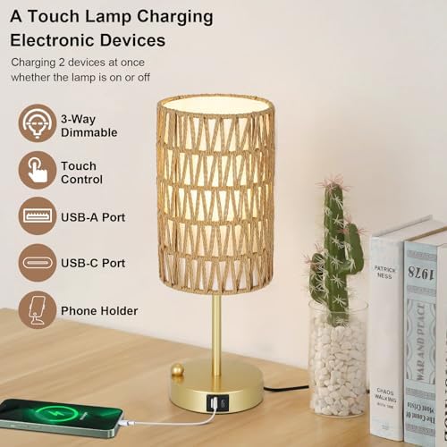 Gold Bedside Lamps Set of 2, Touch Control Night Stand Lamp for Bedroom with Rattan & Linen Shade & Bulbs, 3 Way Dimmable Small Boho Table Lamps with USB Charging Port & Phone Stand - Image 3