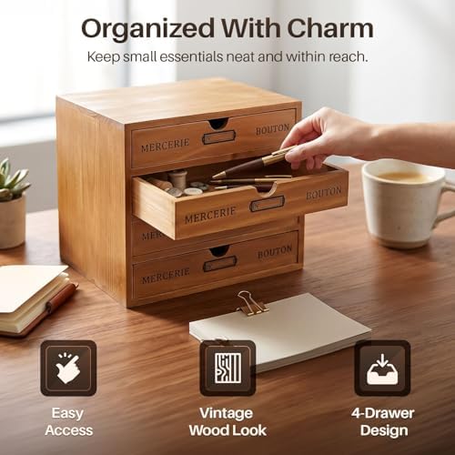 Flexzion Wooden Storage Box with 4 Drawers, Vintage Desktop Organizer - Image 3