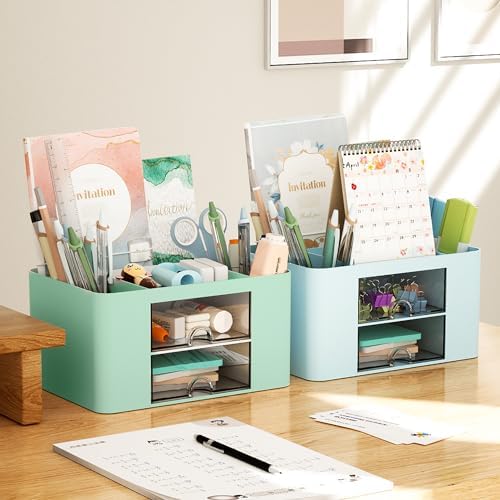 Marbrasse Pen Organizer with 2 Drawer, Multi-Functional Pencil Holder for Desk, Desk Organizers and Accessories with 5 Compartments + Drawer for Office Art Supplies (Green) - Image 6