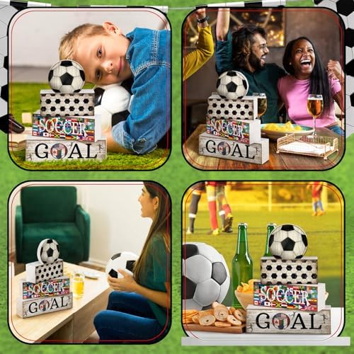 Moucuny 4 Pcs Soccer Centerpieces Table Wooden Block Signs Ball Topper - Image 5