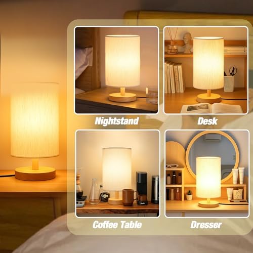 Desk Lamp LED Bulb Included, Small Bedside Table Lamp Plug-in - Classic Wood Base with Flaxen Fabric Shade, Lamps for Night Stands, Simple Nightstand Light for Bedroom, Office, Desk - Image 4