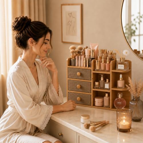 Large Makeup Organizer For Vanity, Large Capacity 3 Tiers Bamboo Bathroom Counter Organizers and Storage, Countertop Makeup Brush Holder, Nail Polish Perfume Stand with 3 Drawers and 10 Compartments - Image 3