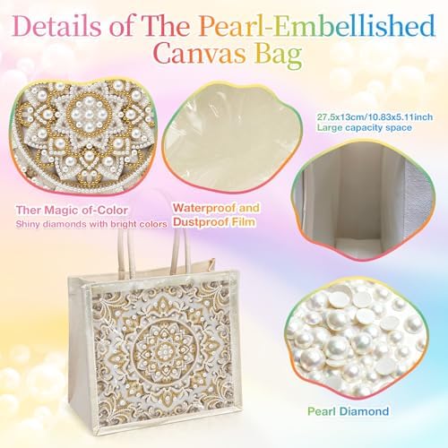 Xylzzuit DIY Pearl Painting Canvas Tote Bag Kit 11.42IN Diamond Art Handbag for Women Shopping Grocery Bag Dots Beads Art Craft Gift (Mandala) - Image 3