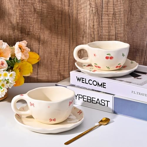 Koythin 8.5oz Handmade Ceramic Mug With Saucer, Dot Blue Flower Latte Cup - Image 3