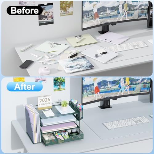 gianotter 4-Tier Desk Organizer with Drawers, File Holders, Letter Trays and Pen Holders - Workspace Accessories for Office Supplies (Green) - Image 2