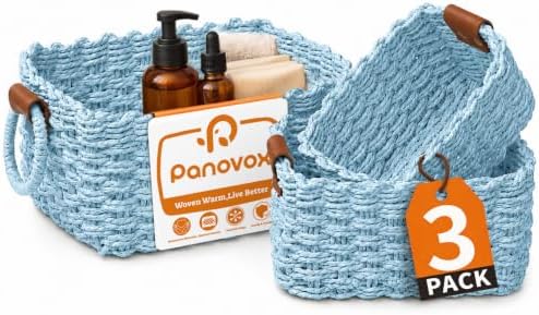 Small Wicker Baskets, 3 PCS Paper Rope Baskets for Shelves, Light by Panovox