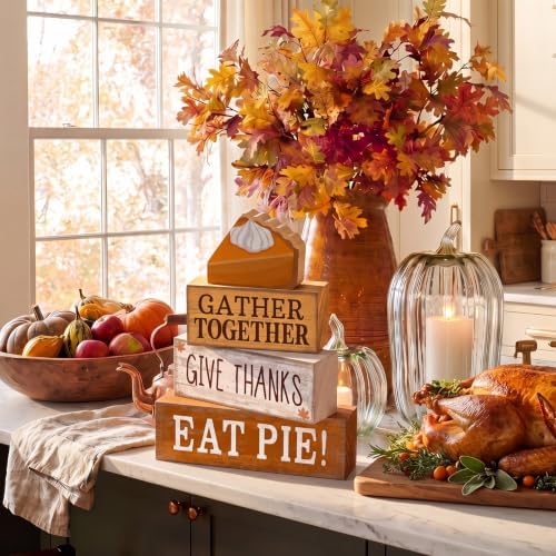Moucuny 4 Pcs Fall Coffee Table Decor Wooden Pie Topper Thanksgiving - Image 4