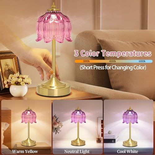 Cordless Table Lamp, Rechargeable Purple Glass Lotus Flower Lamp - Image 3