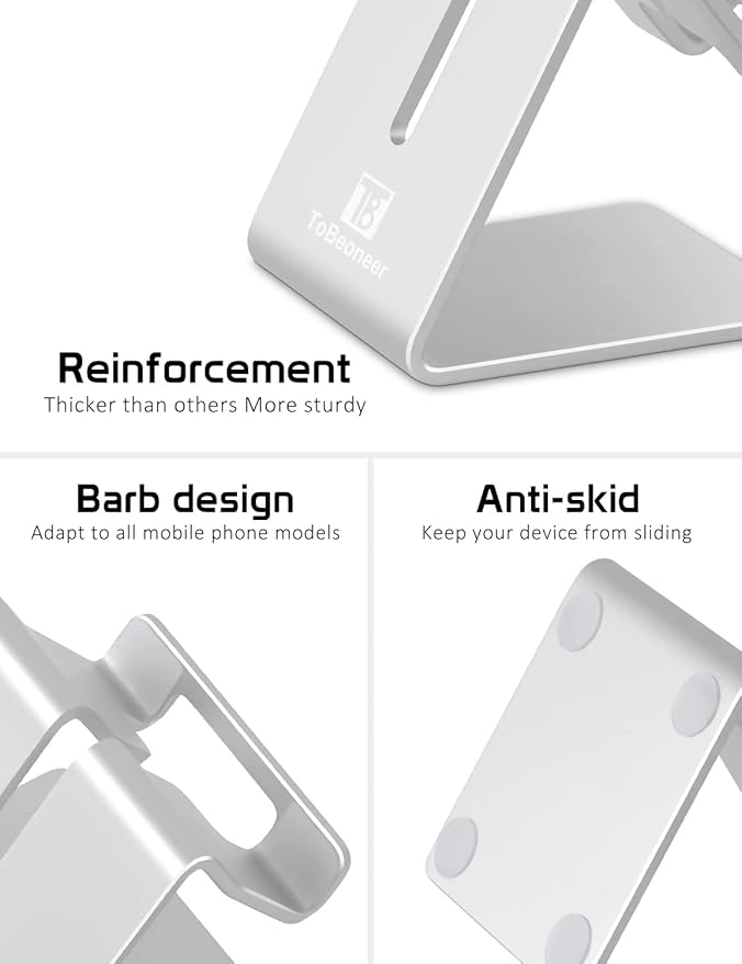 Desktop Cell Phone Stand Holder, Aluminum Solid Portable Universal Desk Stand for iPhone 16 15 14 13 12 11 X 8 7 6 Plus 5 Ipad 2 3 4 Mini Samsung Huawei All Mobile Smart Phone, Silver