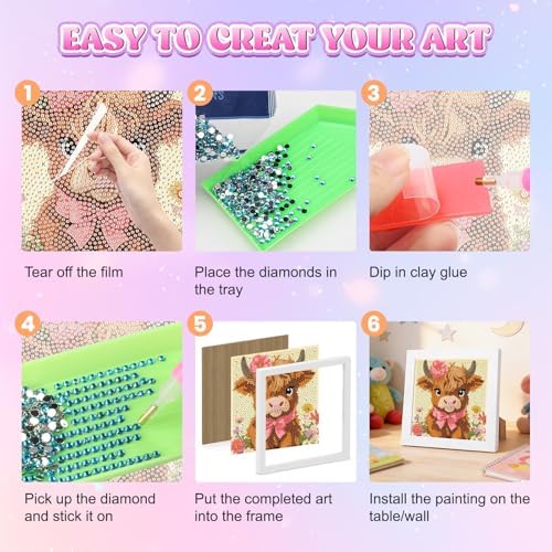 GHHKUD Highland Cow Diamond Art Painting Kits for Adults with Frame, Diamond Art Animals Crafts for Ages 4-6-8-12, Easy to DIY Gem Painting Gifts Home Wall Deco 15x15cm (Beautiful Packages) - Image 6