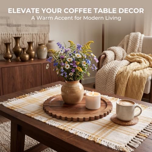 Solid Acacia Wood Decorative Tray, 12 Inch Round Scalloped Wood Tray Wooden Coffee Table Tray - Image 4