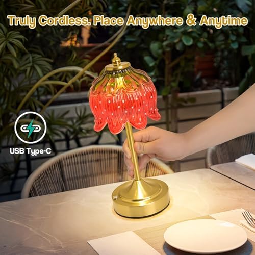Cordless Table Lamp, Rechargeable Red Glass Flower Lamp - Image 2
